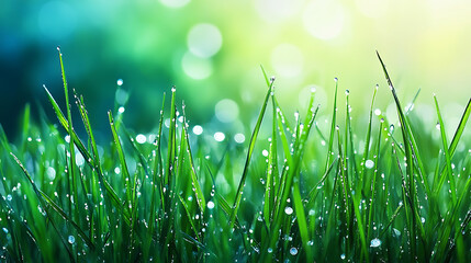 Fototapeta premium Fresh morning dew on tall grass with subtle natural tones in the background, showcasing crisp details and an airy atmosphere