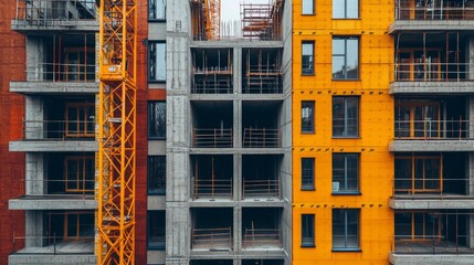 Fototapeta premium Construction site with exposed concrete walls and vibrant orange scaffolding