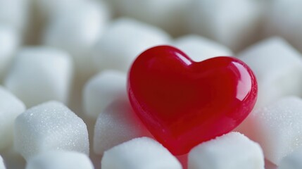 Obraz premium Red Heart-Shaped Candy on White Sugar Cubes with Blurred Background of Round Candies, Bright Shiny Plastic Texture Contrasts Smooth White Surface, Eye-Catching Color Depth 