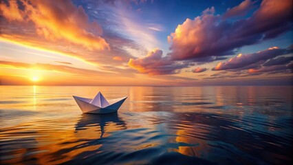 Serene Sunset A Tiny Paper Boat Floats Gently on Calm Waters Reflecting the Vibrant Sky