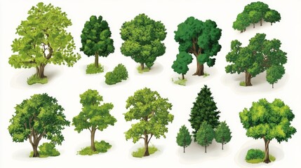 An artistic compilation of various tree illustrations characterized by rich green foliage, highlighting ecological diversity and natural beauty in vivid detail.