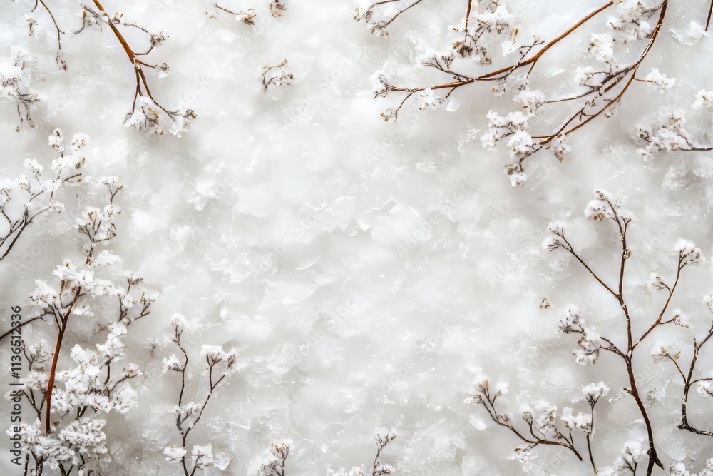 Poster Clear ice texture with embedded snowflakes and delicate twigs captured in a wintery landscape