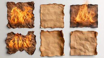 A set of crumpled paper sheets catching fire, showcasing intense orange flames against the textured paper, evoking ideas of passion and transformation.