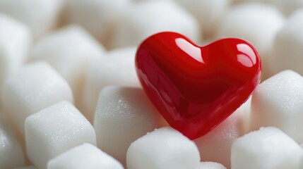 Obraz premium Red Heart-Shaped Candy on White Sugar Cubes with Blurred Background of Round Candies, Bright Shiny Plastic Texture Contrasts Smooth White Surface, Eye-Catching Color Depth 