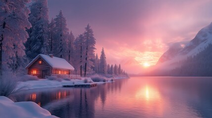 Fototapeta premium Serene winter twilight at a lakeside cabin surrounded by snow-covered trees
