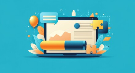 Colorful digital illustration of a laptop with charts and creative elements