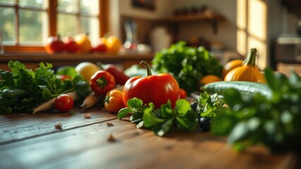 Rustic Kitchen Table with Freshly Harvested Vegetables and Herbs in Sunlight