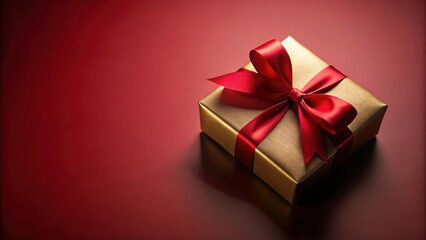 Obraz premium A Luxurious Gold Gift Box with a Crimson Ribbon Bow on a Deep Red Background