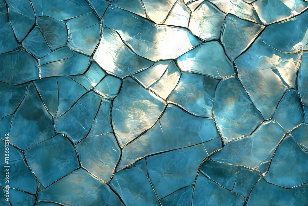 Poster Cracked ice texture reflecting light in intricate patterns on a frozen surface