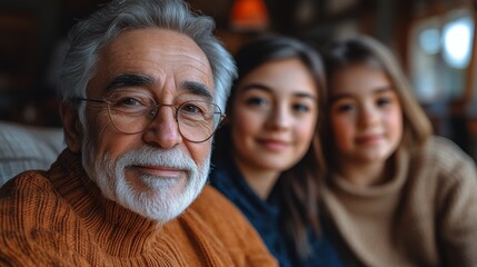 Fototapeta premium An endearing scene showcasing a grandfather with glasses, embracing his two smiling grandchildren indoors, symbolizing familial love and wisdom in a cozy atmosphere.