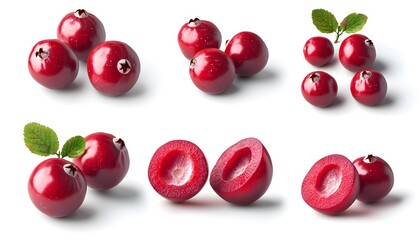 A set of Cranberry isolated on a white background. It includes whole,halved and slice, all with full depth of field. --ar 7:4