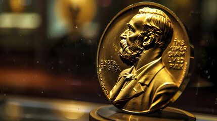 Nobel Peace Prize Medal: A close-up, intimate view of the Nobel Peace Prize Medal, gleaming golden against a blurred background.