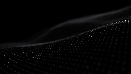 Modern minimalist background of white particle wave on black with bokeh. Abstract technology and data flow, big data and business. Digital grid and network connection concept.