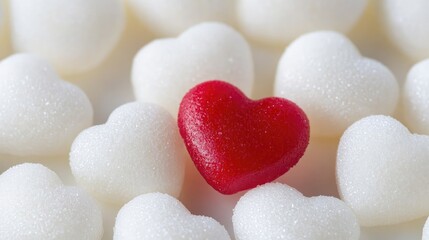 Fototapeta premium Red Heart-Shaped Candy on White Sugar Cubes with Blurred Background of Round Candies, Bright Shiny Plastic Texture Contrasts Smooth White Surface, Eye-Catching Color Depth 