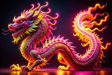 Fototapeta premium Futuristic Neon Dragon Design Concept for Chinese New Year 2024 Featuring Vibrant Pink and Yellow Line Art on Dark Background for Logo Creation and Branding