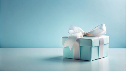 A Light Blue Gift Box with a White Ribbon Bow on a Pale Blue Surface