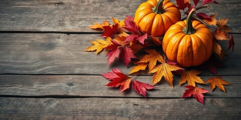 Autumnal Still Life Two Pumpkins Nestled Among Vibrant Fall Leaves on Rustic Wood
