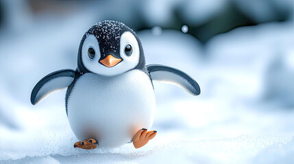 Fototapeta premium Cute penguin chick walking on snow.