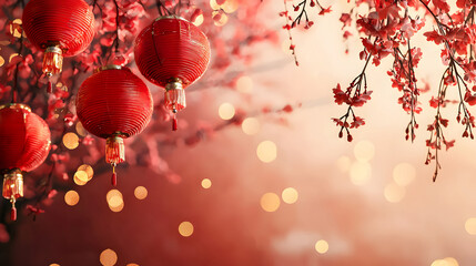 Obraz premium Red lanterns with blooming cherry. Festival Chinese New Year, Golden Week celebration with text room