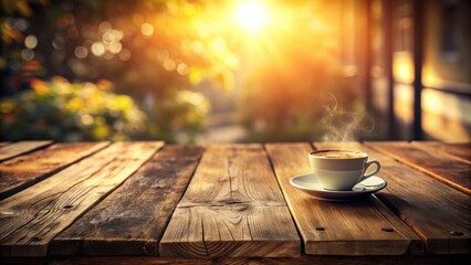 Warm Morning Coffee on Rustic Wooden Table Outdoors