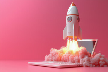 technology innovation startup concept white rocket launching from a laptop pink background.