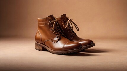  Stylish brown ankle boots against gradient background for fashion design and advertising Mocha Mousse Color background 