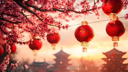 Spring Festival celebration with vibrant red lanterns hanging from cherry blossom trees at sunset. Traditional festive atmosphere of Chinese New Year or Golden Week