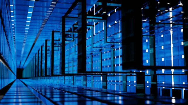 A video shows a futuristic data center with vibrant blue lights. Design