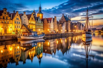 Obraz premium Gdansk Old Harbour Night Photography, Bokeh Lights, Polish Cityscape, Waterfront, Romantic Evening, Harbor Scenery, Travel Poland