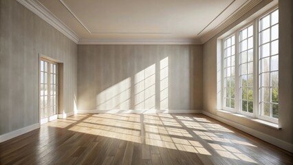 Sunlight streams through large windows into an empty room with hardwood floors and crown molding