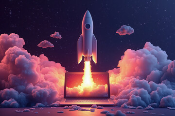 The rocket  launching from a laptop startup innovation