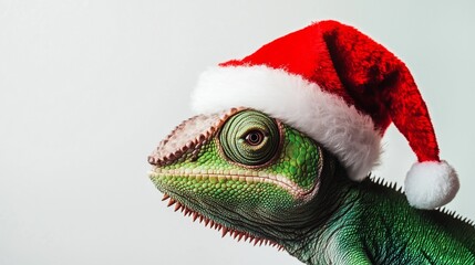 Chameleon,wearing a red Santa hat