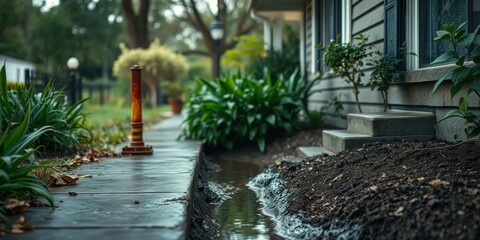 Obraz premium Rainy Day Pathway Scene A tranquil residential walkway with lush greenery, a small decorative post, and a gentle stream of rainwater flowing alongside.