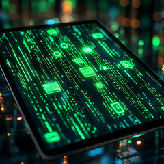 Fototapeta premium Digital Data Visuals with Green Patterns and Symbols