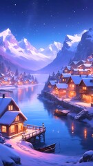 Obraz premium Coastal Christmas Wonderland: Snowy Village by the Sea. Generative AI