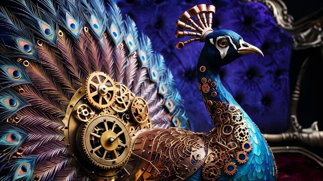 Mechanical Steampunk Peacock with Gears and Feathers