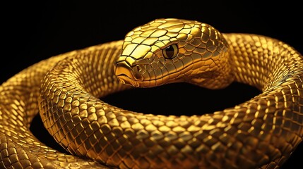 Obraz premium Golden Snake Coiled on Black Background