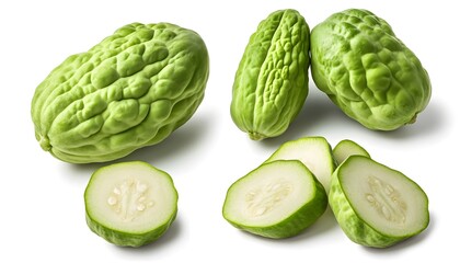 Fototapeta premium A set of Chayote isolated on a white background. It includes whole,halved and slice, all with full depth of field. --ar 7:4