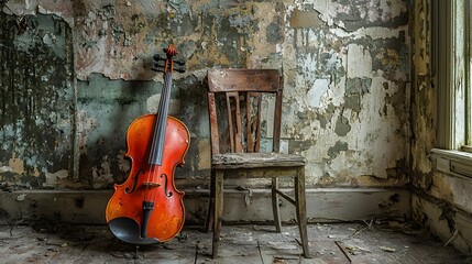 A violin resting on a broken chair in an abandoned room