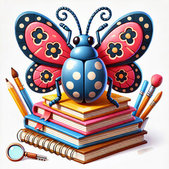 Creative Robotic Butterfly Design Colorful Books, Pencils, and Artistic Elements Combined