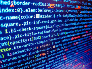 Blue binary data code background for internet and cyberspace security function. Source function code. Php web programming source code. Abstract modern virtual computer script. Blue color.