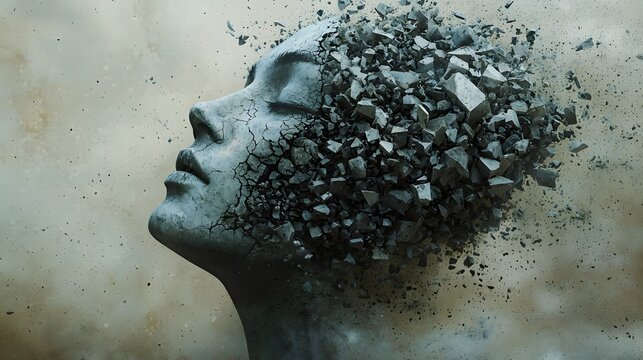 An abstract depiction of a head exploding into shards, representing mental fragmentation