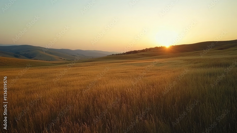 Poster wide open grassy field with gentle hills and distant trees at sunset