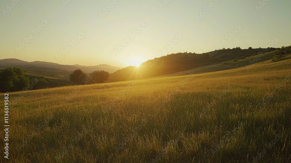 Poster wide open grassy field with gentle hills and distant trees at sunset