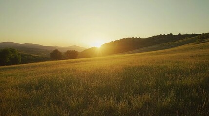 Obraz premium Wide open grassy field with gentle hills and distant trees at sunset 
