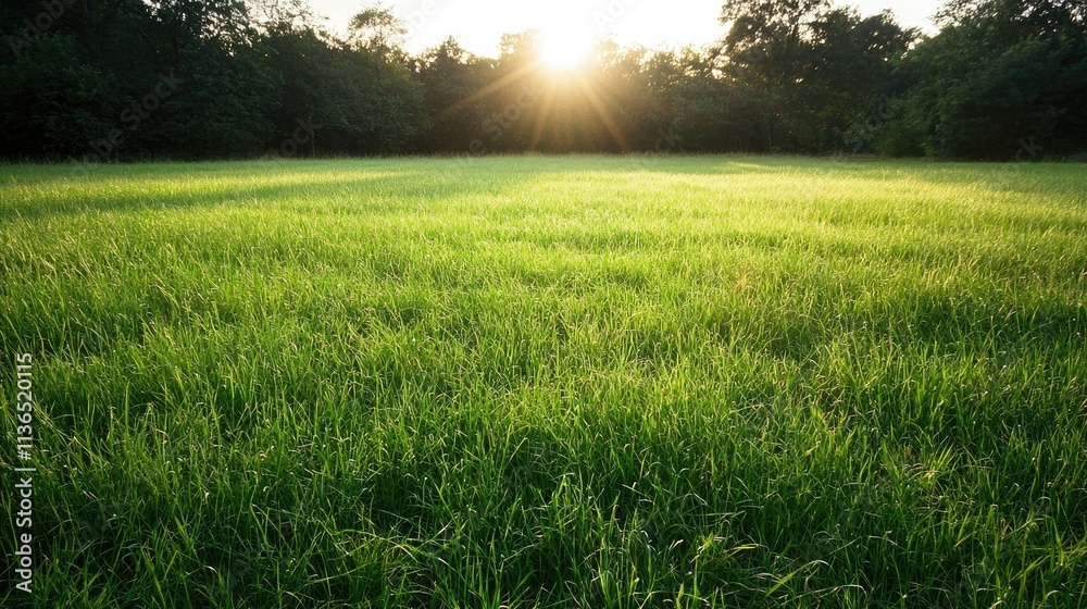 Poster Vast grass field with sunlight filtering through, creating a serene atmosphere 