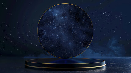 Cosmic Elegance: A celestial stage set against a backdrop of swirling stardust, a circular platform with golden accents beckons, promising a mystical journey.  