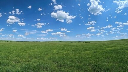 Obraz premium Expansive green grass field under a bright blue sky with scattered clouds 