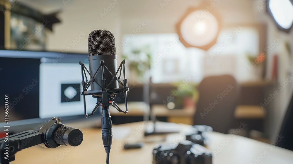 Poster host recording a video podcast in a well-lit studio with camera and mic