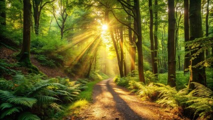 Fototapeta premium Sunlit Path Through Lush Green Forest with Ferns